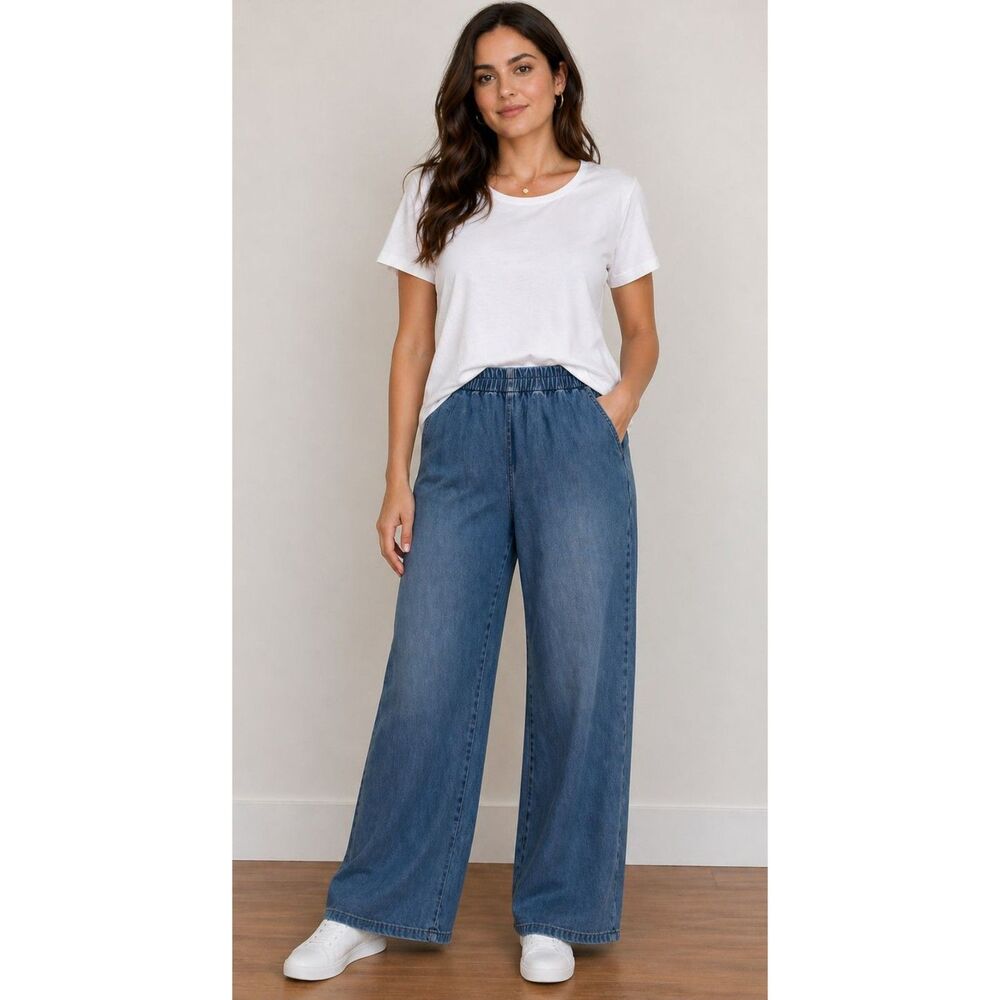 NWOT Sincerely Jules Large High Rise Wide Leg Pants Chambray Blue Denim